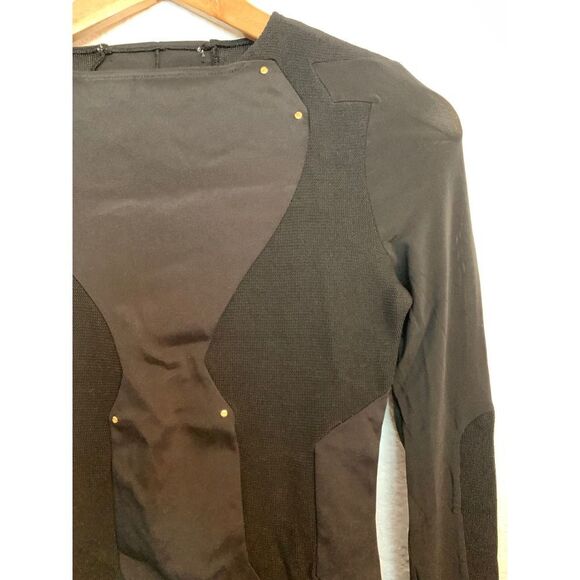 Luxury French Black Structured Bodysuit Gold Studs Long Sleeve Size 36 (S) - Picture 5 of 12